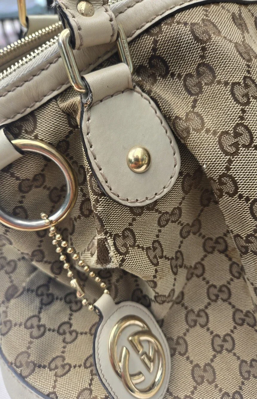 Gucci Tan GG Canvas Satchel with Light Tan Leather Trim